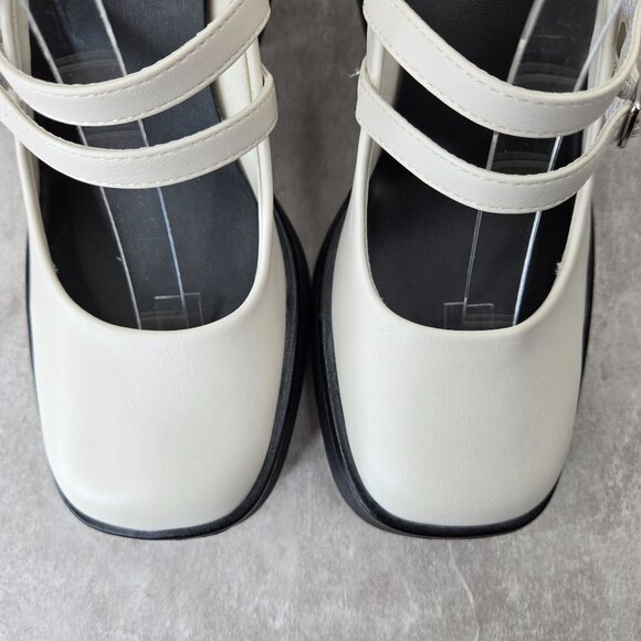 Mary Jane Pumps 8 White Faux Leather Block Heel Preppy Lolita Comfort Dress Shoe - Picture 10 of 13